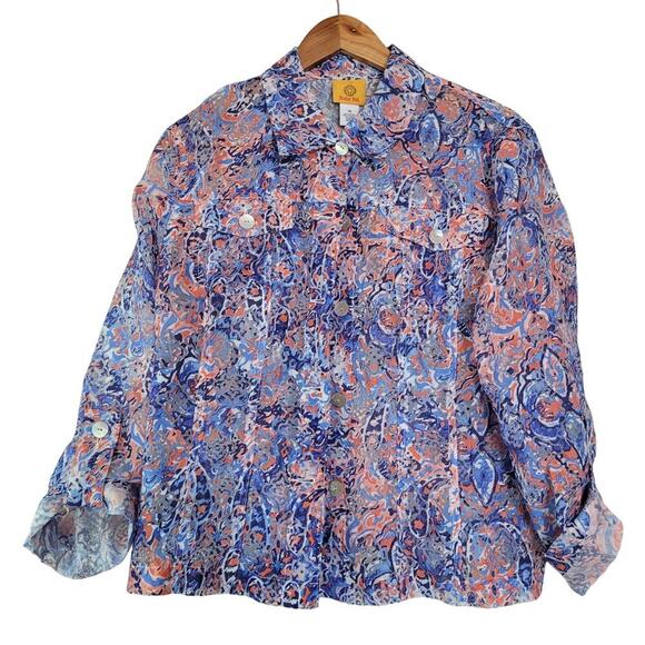 Ruby Rd. Womens Button-Up Top Size 14 Blue Floral Rayon Long Sleeves Collared - Picture 1 of 7